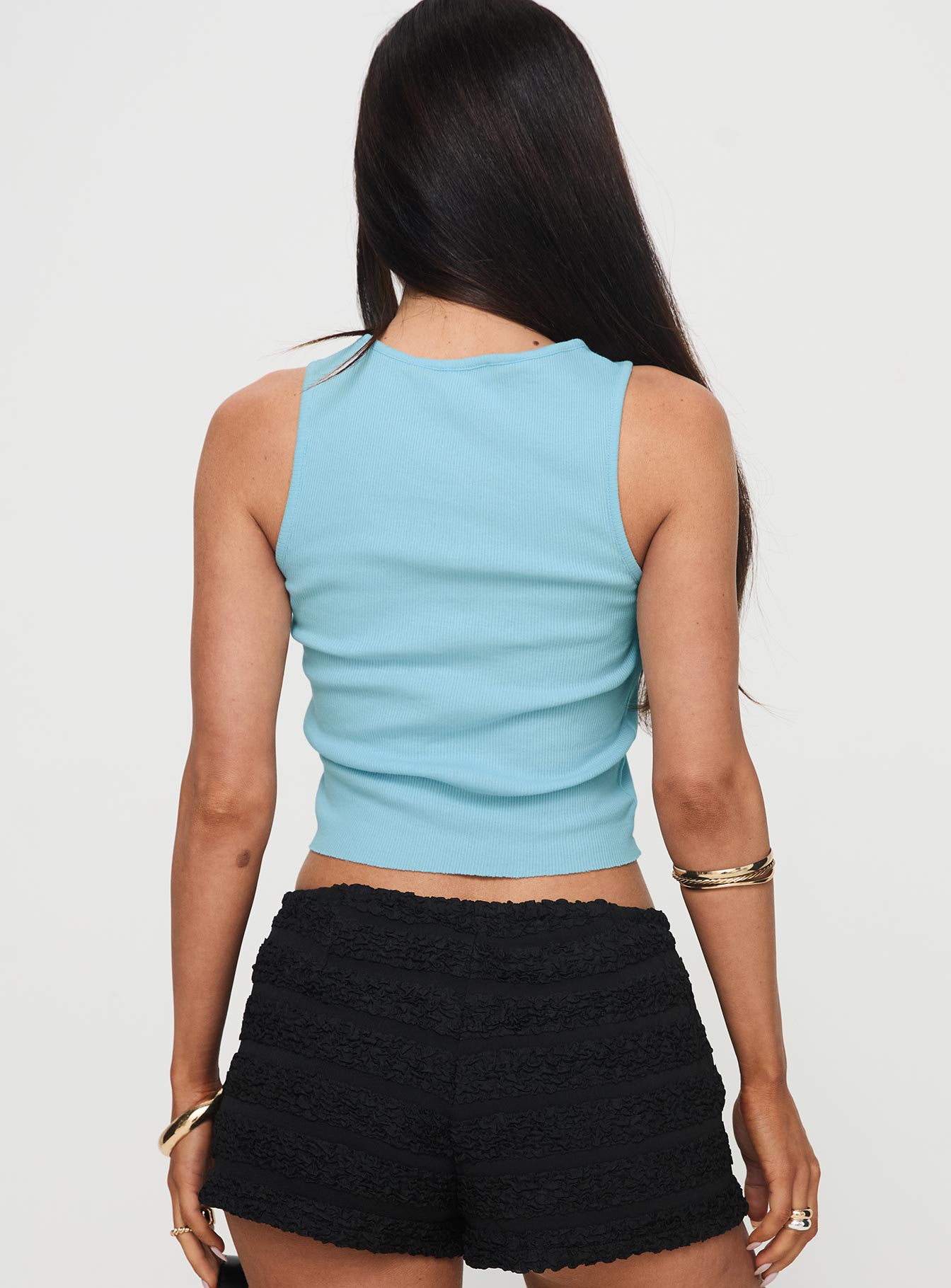 back view of model wearing Princess Polly Drama Queen Tank Blue Sleeveless Crew Neck 