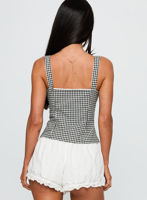 back view of model wearing Princess Polly Modern Girl Top Black Gingham Sleeveless Square Neck 