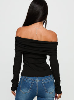 back view of model wearing Princess Polly Victorea Off Shoulder Top Black Full Sleeves straight 