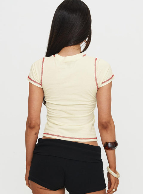 back view of model wearing Princess Polly Buon Appetito Top Cream Short Sleeves Crew Neck 