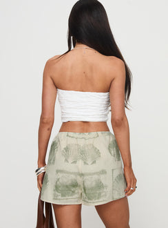 back view of model wearing Princess Polly Heylee Shorts Beige / Green High Waisted Shorts 