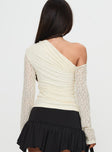 back view of model wearing Princess Polly Beller Long Sleeve Lace Top Cream Full Sleeves Asymmetric Neckline 