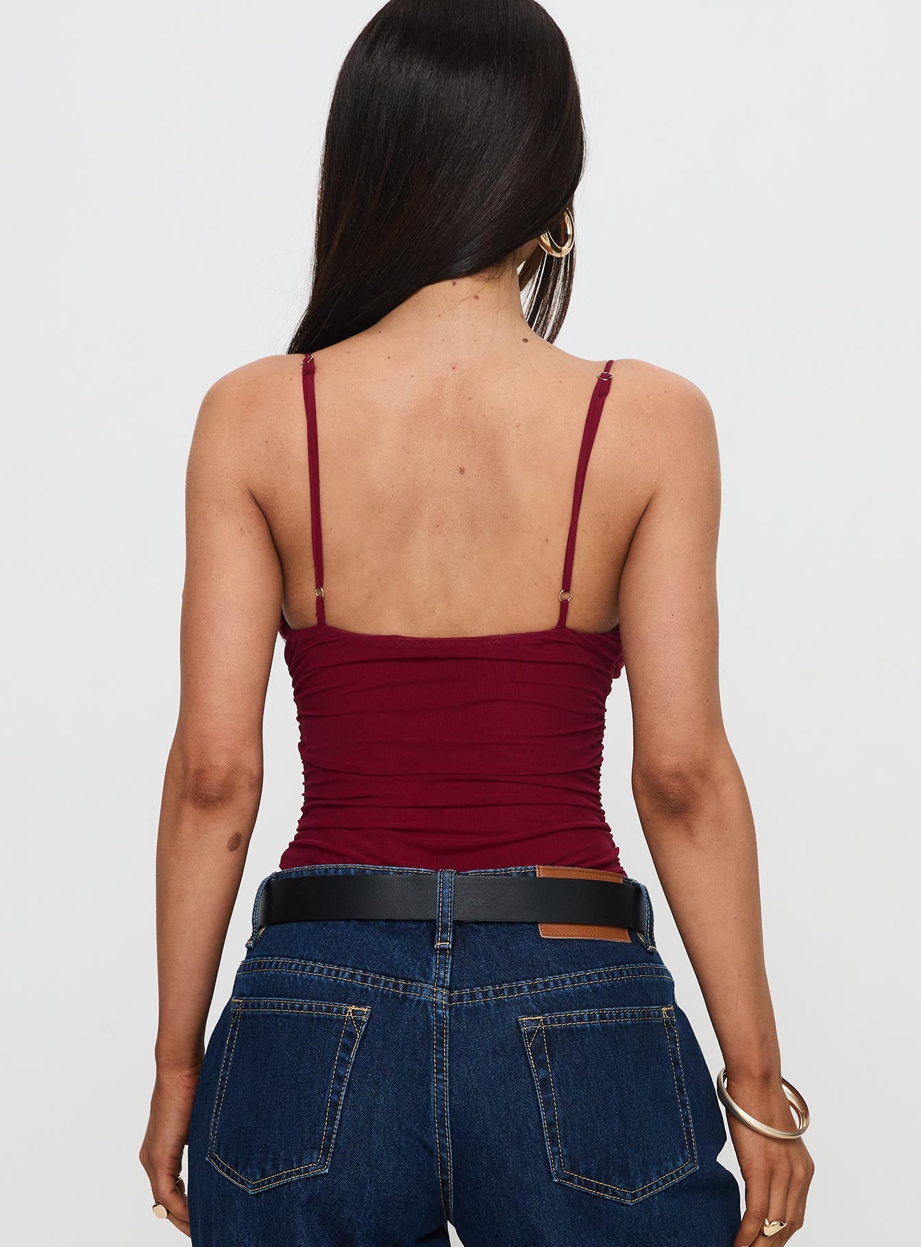 back view of model wearing Princess Polly Merril Bodysuit Maroon Sleeveless 