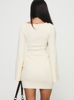 back view of model wearing Princess Polly Malcalm Long Sleeve Mini Dress Cream Crew Neck 