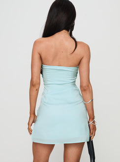 back view of model wearing Princess Polly Irena Strapless Mini Dress Light Blue Tall Sweetheart Neckline 