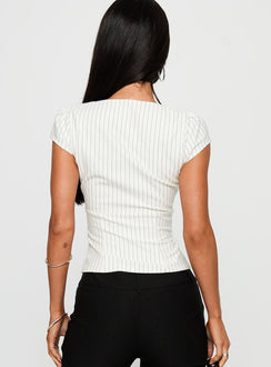 back view of model wearing Princess Polly Santa Cruz Zip Through Top White Pinstripe Short Sleeves Square Neck 