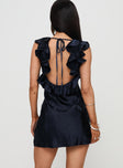 back view of model wearing Princess Polly Butacup Frill Mini Dress Navy Plunger 