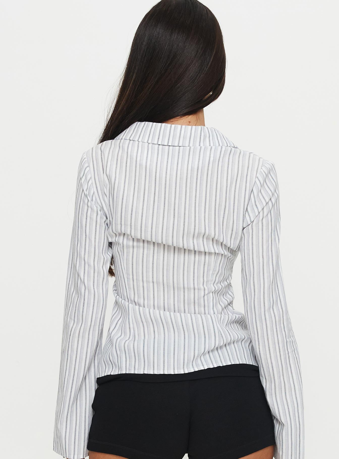 back view of model wearing Princess Polly Myers Stripe Top White Full Sleeves V-Neck 