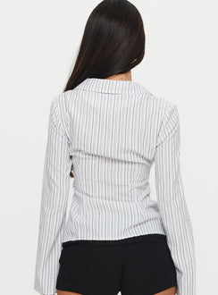 back view of model wearing Princess Polly Myers Stripe Top White Full Sleeves V-Neck 
