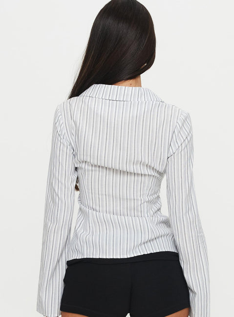 back view of model wearing Princess Polly Myers Stripe Top White Full Sleeves V-Neck 