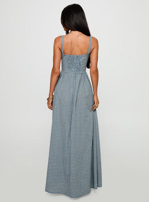 back view of model wearing Princess Polly Cartmel Check Maxi Dress Navy Square Neck 
