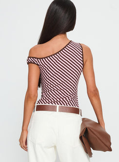 back view of model wearing Princess Polly Ayviana One Shoulder Bodysuit Pink / Brown Stripe Sleeveless 