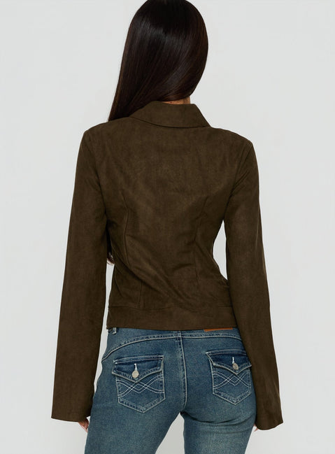 Kelehan Long Sleeve Faux Suede Zip Front Jacket Khaki