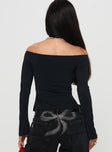 back view of model wearing Princess Polly Maestro Off The Shoulder Top Black Full Sleeves straight 