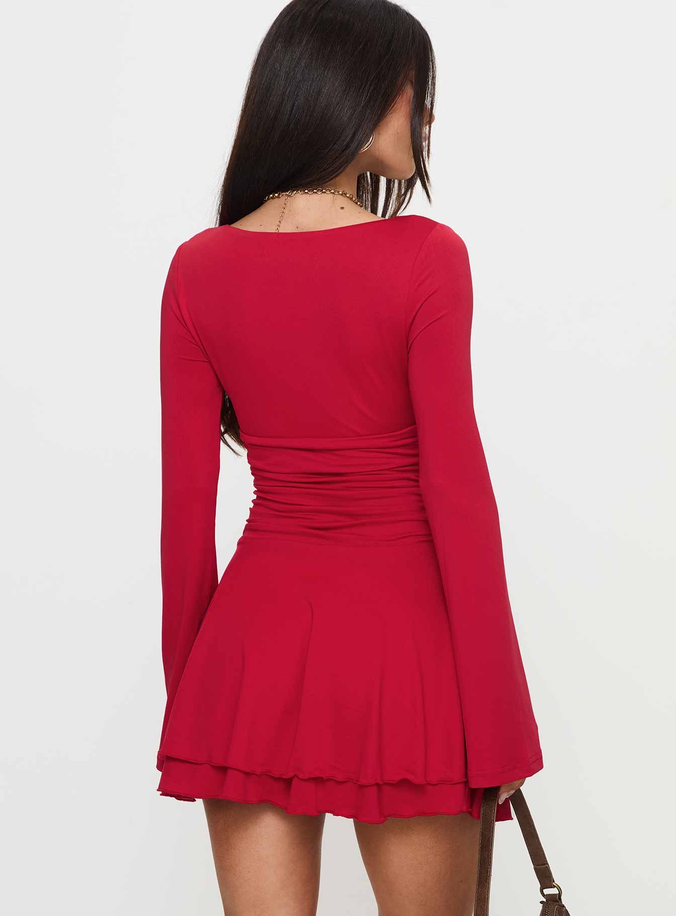 back view of model wearing Princess Polly Canino Long Sleeve Mini Dress Red Plunger 