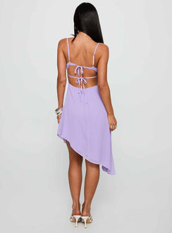back view of model wearing Princess Polly Secret Gardens Asymmetrical Midi Dress Purple Plunger 