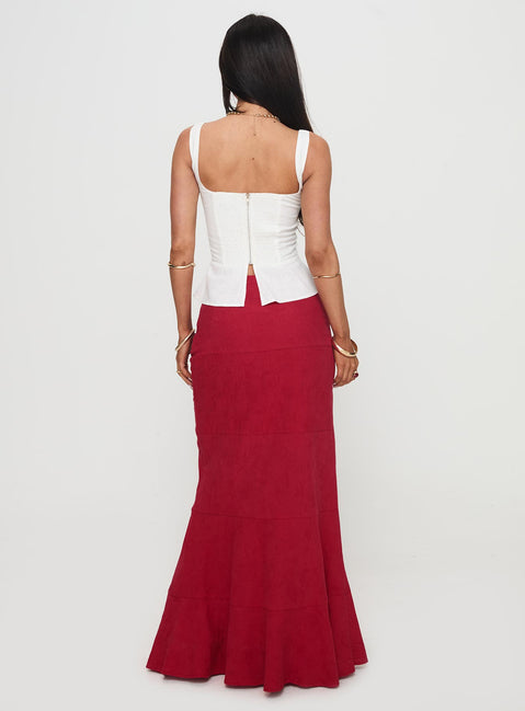 back view of model wearing Princess Polly Raven Mid Rise Maxi Skirt Red Maxi 