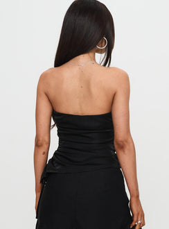back view of model wearing Princess Polly Monacu Strapless Top Black Shimmer Sleeveless straight 