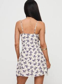 back view of model wearing Princess Polly Jaye Mini Dress White / Blue Floral V-Neck 