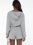 Hooded romper Zip fastening at front, drawstring waist, tie fastening, elasticated cuffs, twin hip pockets