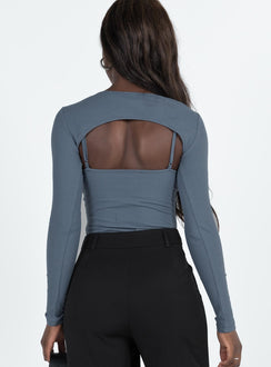 back view of model wearing Princess Polly Calla Long Sleeve Bodysuit Steel Full Sleeves Crew Neck 