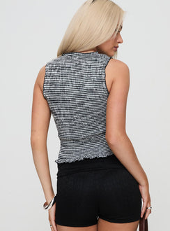 back view of model wearing Princess Polly Plastic Hearts Top Black Sleeveless Crew Neck 