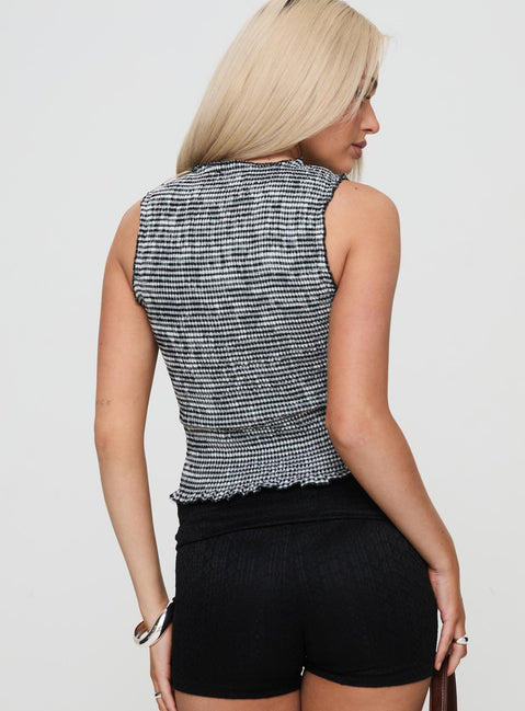 back view of model wearing Princess Polly Plastic Hearts Top Black Sleeveless Crew Neck 