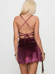 back view of model wearing Princess Polly Celena Velvet Mini Dress Purple Cowl Neck 