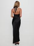 back view of model wearing Princess Polly Vasilisa Halter Neck Maxi Dress Black Plunger 