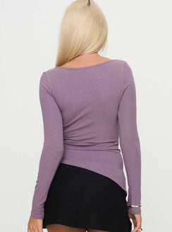 back view of model wearing Princess Polly Barstow Long Sleeve Cowl Neck Top Purple Full Sleeves Cowl 