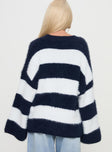 back view of model wearing Princess Polly Nerina Knit Sweater Blue / White Stripe Long 