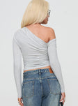 back view of model wearing Princess Polly Beller Long Sleeve Top Grey Full Sleeves Asymmetric Neckline 