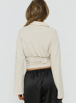 Raezer Cinched Polo Langarm-Top Creme gestreift
