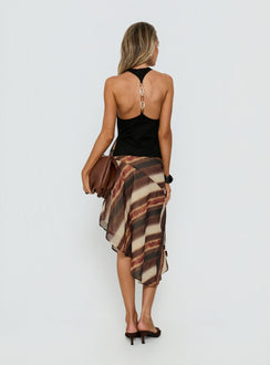back view of model wearing Princess Polly Esmira Asymmetrical Midi Skirt Brown Stripe Midi Skirts 