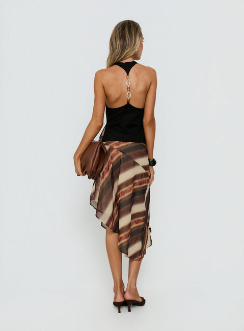 back view of model wearing Princess Polly Esmira Asymmetrical Midi Skirt Brown Stripe Midi Skirts 