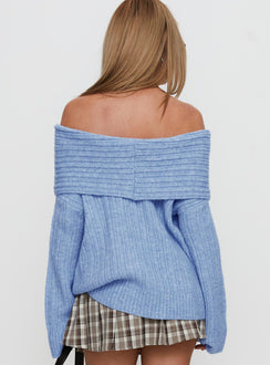 back view of model wearing Princess Polly Snowie Off Shoulder Knit Sweater Blue 