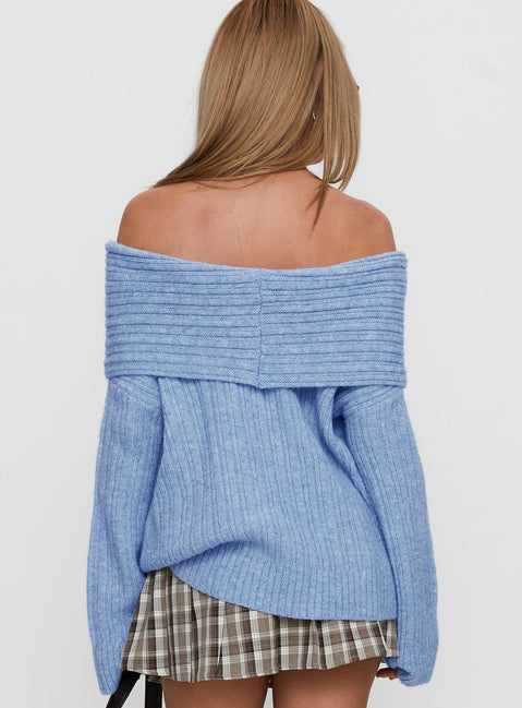 back view of model wearing Princess Polly Snowie Off Shoulder Knit Sweater Blue 