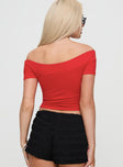 back view of model wearing Princess Polly Serendipia Off The Shoulder Graphic Top Red Short Sleeves straight 