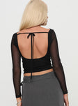 back view of model wearing Princess Polly Valette Mesh Long Sleeve Top Black Full Sleeves Cowl 