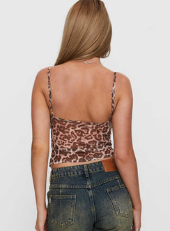 back view of model wearing Princess Polly Tanaia Button Up Top Leopard Sleeveless V-Neck 