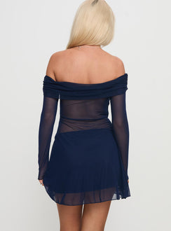back view of model wearing Princess Polly Virtues Long Sleeve Sheer Mini Dress Navy Straight Neck 