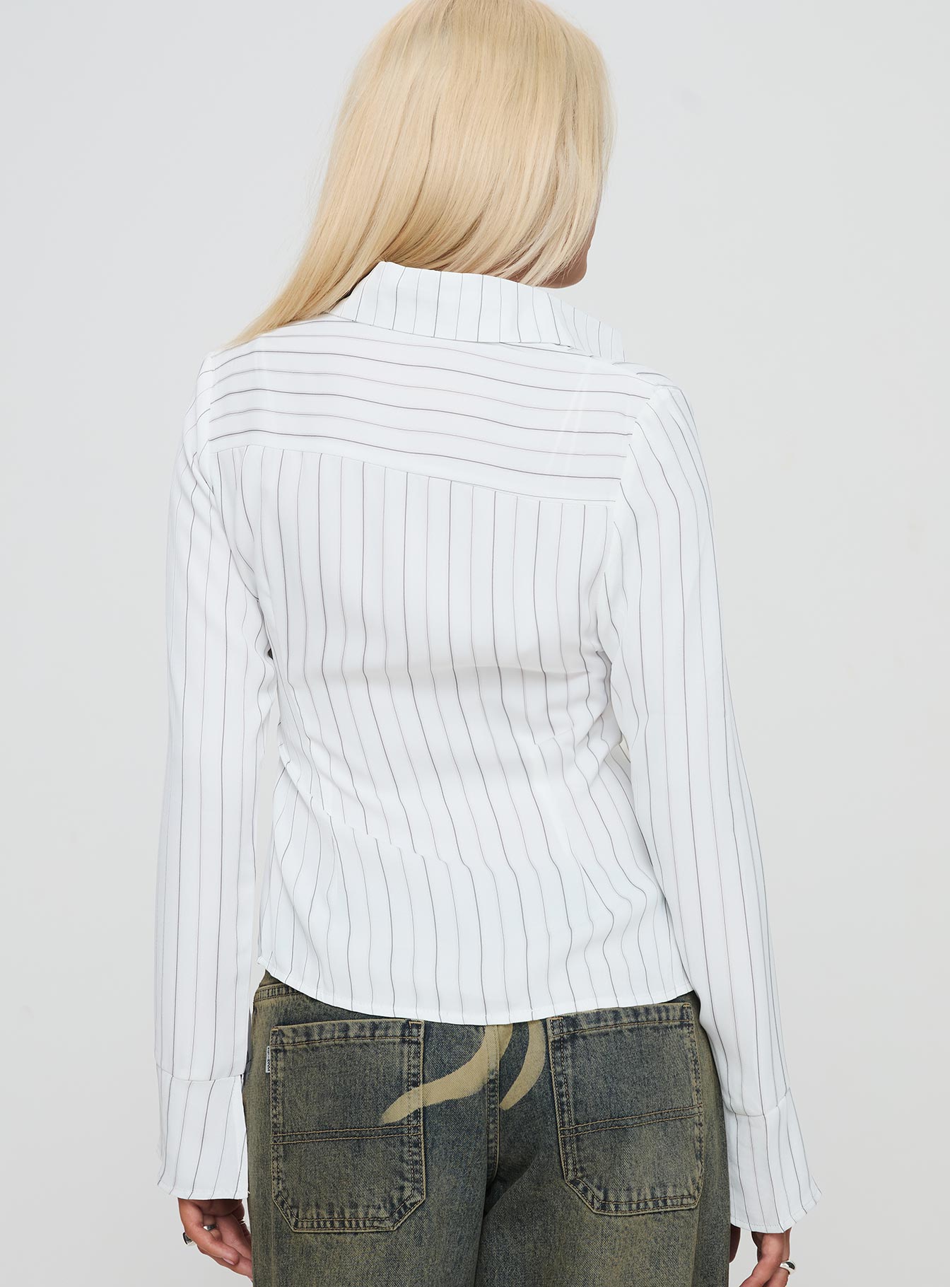 back view of model wearing Princess Polly Aldgate Long Sleeve Top White Full Sleeves V-Neck 