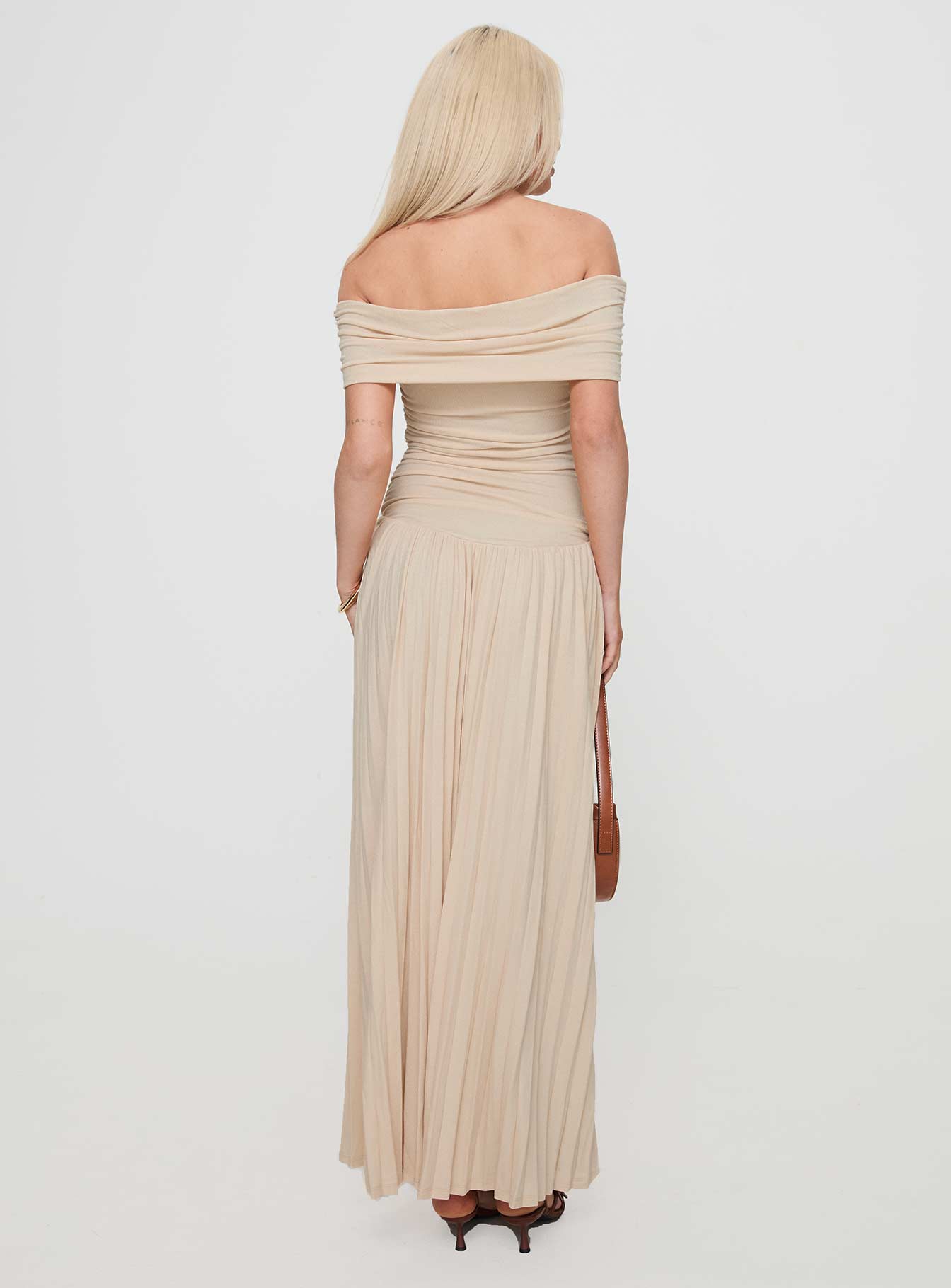 back view of model wearing Princess Polly Field Of Dreams Maxi Dress Oatmeal Straight Neck 