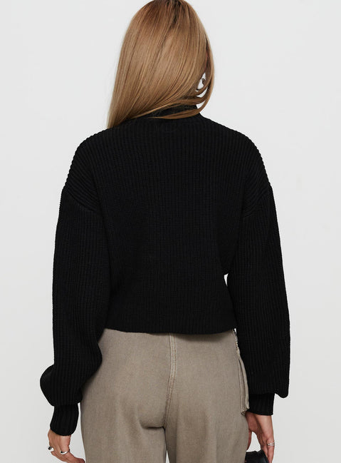 back view of model wearing Princess Polly Sayge Mock Neck Knit Sweater Black cropped 
