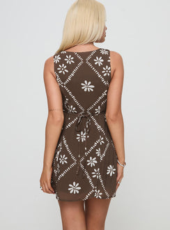 back view of model wearing Princess Polly Niseko Mini Dress Brown Scoop Neck 