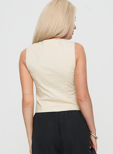 back view of model wearing Princess Polly Salacia Top Cream Sleeveless Plunger 