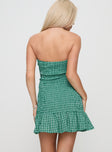 back view of model wearing Princess Polly Porschia Strapless Mini Dress Green Check Straight Neck 