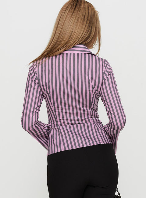 back view of model wearing Princess Polly You Hear Me Long Sleeve Top Pink Stripe Full Sleeves V-Neck 