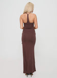 back view of model wearing Princess Polly Marchesi Cupro Maxi Dress Chocolate Square Neck 