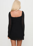 back view of model wearing Princess Polly Monologue Long Sleeve Mini Dress Black Plunger 